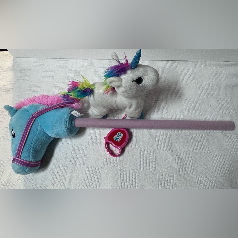 Kid Connection Pet Unicorn Walking and Plush Stick Horse, Blue and Pink.